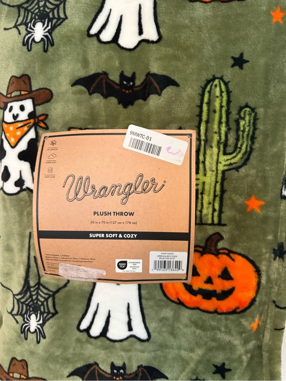 New Wrangler Olive Halloween Plush Throw - Ghost & Pumpkin Print